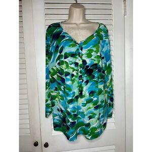 Premise Woman 1X Blue Green Abstract Floral Roll Tab Sleeve Henley Blouse Top